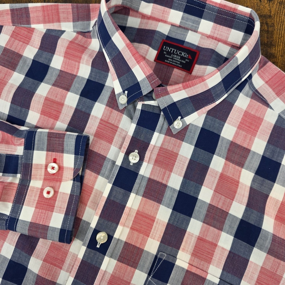UNTUCKit‎ Redalelli Long Sleeve Button Down Red White Blue Plaid Men's L Slim WF